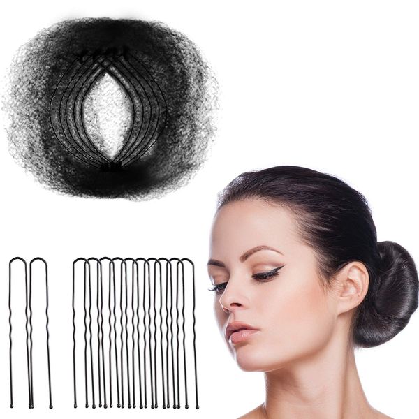 Hair Nets Invisible Elastic Edge Mesh and U Shaped Pins Set, 50 Pieces 50 cm Individual Package Invisible Hair Nets, 40 Pieces U Shaped Pins for Ballet Bun, Sleeping, Women and Wig(Black)