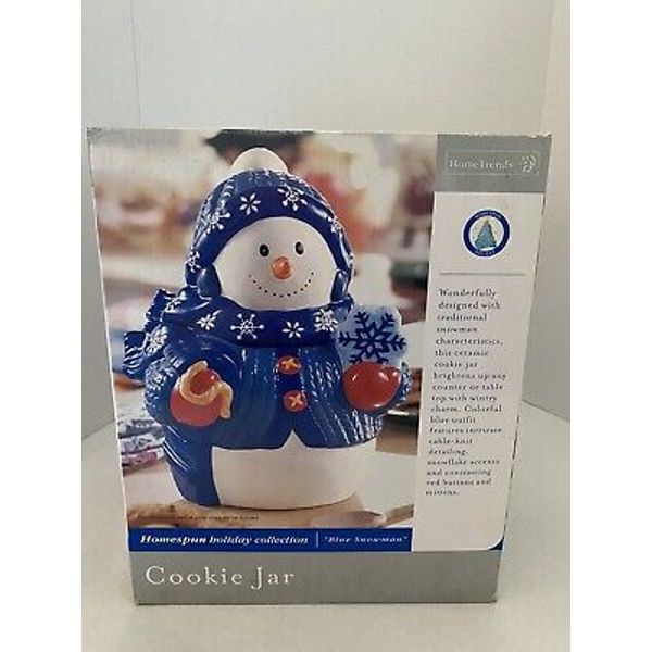 Brand New Home Trends Homespun Holiday Collection Blue Snowman Cookie Jar