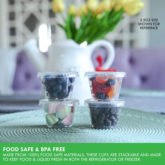 Condiment Cups with Lids, 100 Sets per Pack: Small Plastic Containers for  Salad Dressings, Sauce and Jello Shots at Home, Work and Restaurants