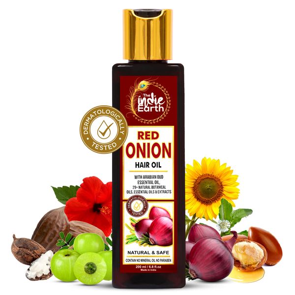 THE INDIE EARTH RED ONION ANTI HAIR LOSS & HAIR GROWTH OIL WITH PURE ARGAN, JOJOBA, ROSEMARY, BLACK SEED OIL IN PUREST FORM VERY EFFECTIVELY CONTROL HAIR LOSS, PROMOTES HAIR GROWTH 200ml