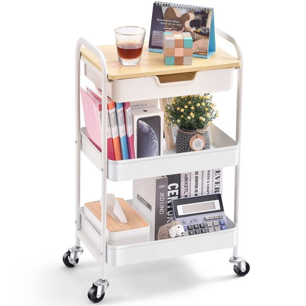 TOOLF 3-Tier Utility Rolling Cart with Wooden Board and Drawer, Metal Storage Cart with Handle, White Trolley Kitchen Organizer Rolling Desk with Locking Wheels for Office, Classroom, Home, Bedroom