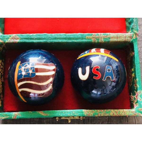 🇺🇸Vintage USA FLAG Patterned Health Ball Chinese IRON BALL HAND Exercise Musi