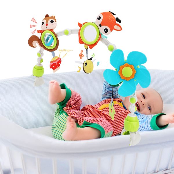 Travel Arch Bassinet Toys for Infant & Toddlers, CestMall Activity Pram Arch with Animal Rattle Toy, Windmill, Teether & Music Baby Stroller Toy with Adjustable Clips Fit Most Strollers Prams (Orange)