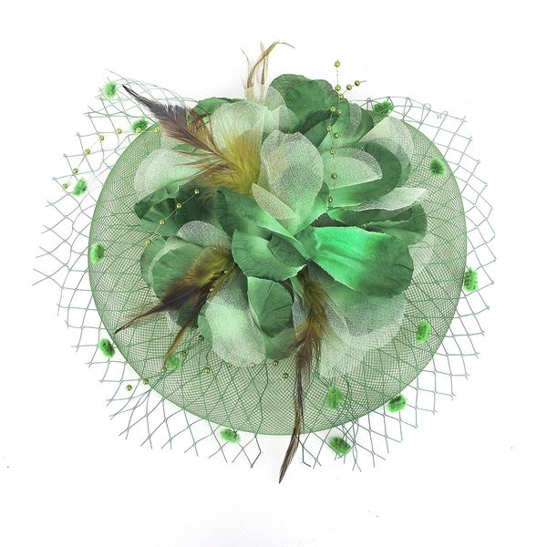 JINTN Womens Girls Mesh Fascinator Hat Headwear with Big Flowers Feather Veil Wedding Party Hat Fascinator Hair Clip Headwear Green