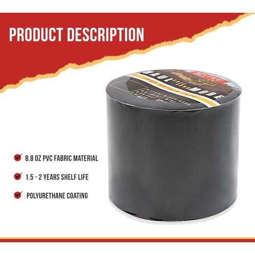 Mytee Products 8.8 oz Waterproof Black Vinyl Tarp Repair Tape 4 Inch x 25 FT with Heavy Duty Adhesive Backing - Tarp Repair Kit