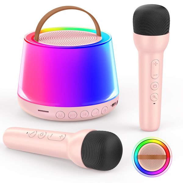 Mini Karaoke Machine for Kids, Portable Bluetooth Speaker with 2 Wireless Microphones and Led Light, Birthday Gifts for 4 5 6 7 8 9 10 11 12 Year Old Girl, Kid Karaoke Machine Toys, Pink