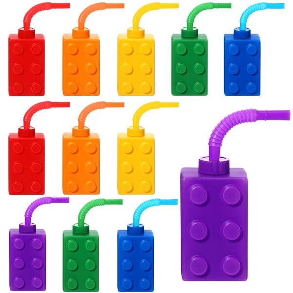 Building Blocks Cups 10 oz Reusable Brick Party Kids Cup Plastic Party Cups with Lids and Straws for Block Birthday Party Supplies and Favors (12 Set)