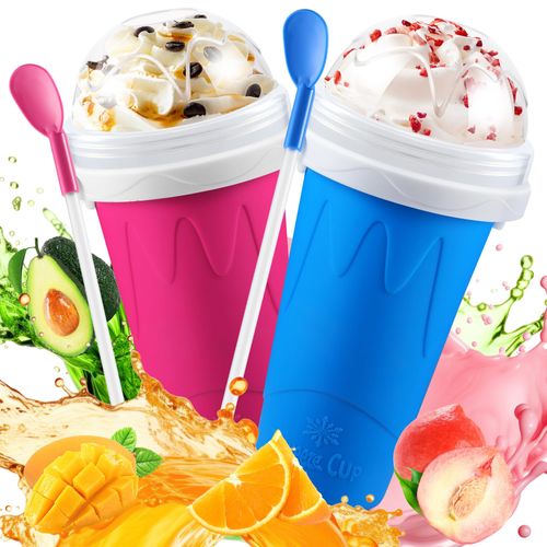 2 Pack Slushie Cup, Slushy Maker Cups, Magic Quick Frozen Squeeze Cups for Ice Cream Juice Milk Yogurt, DIY Smoothie Cooling Cup with Lid and Straw for Kids Friends Family (Blue and Pink)