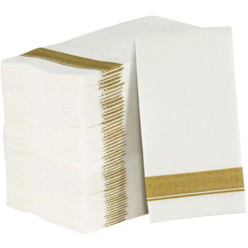Rectangle Cloth-Like White Napkins with Gold Border, 50 Pack Fancy Paper Napkins, 22" x 22" Disposable Dinner Napkins - Decorative Party Napkins for Weddings, Dinners, Upscale Parties & Events