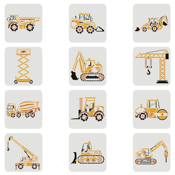 FINGERINSPIRE 12 Pcs Construction Vehicle Stencils 20x20cm Reusable Truck Stencils Plastic Forklifts Excavators Cranes Mixers Pattern Stencil Reusable Construction Vehicle Stencil for Painting