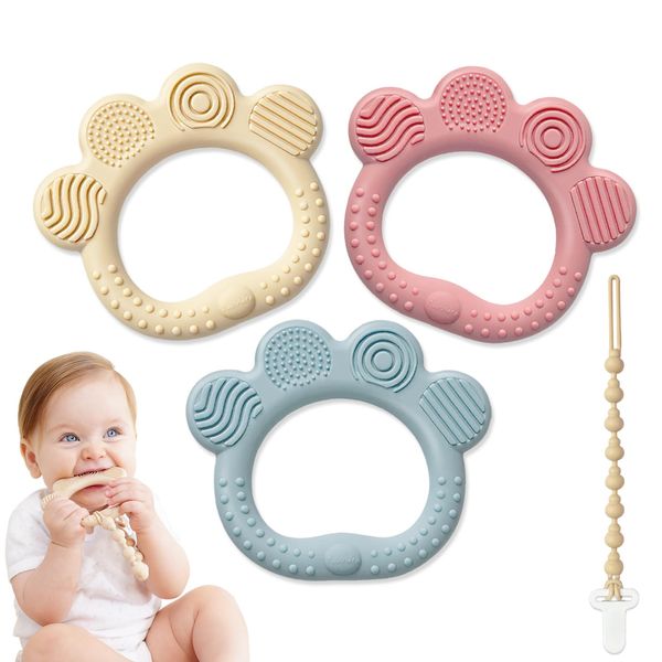 Kibbidea 3 Pack Baby Teething Toys, 100% Infant Silicone Ring Teethers, Toddler Chew Toys 0-6, 3-6,12 Months, BPA Free, Soft, PVC-Free Baby Pacifiers for Teething Relief