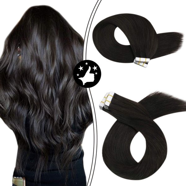 Moresoo Real Hair Extensions Tape in Human Hair Black Remy Hair Extensions 24 Inch Invisible Tape in Hair Extensions 40pcs Color #1B Off Black Invisible Skin Weft Double Sided Tapes 100g