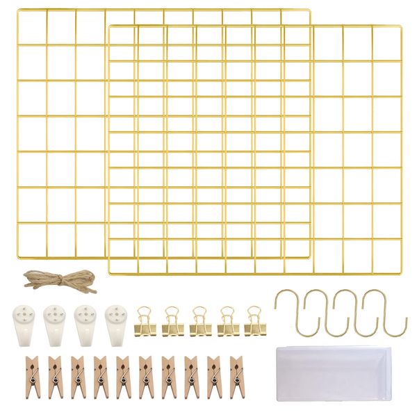 LOYONAL Deko Wandgitter Gold - Metall Fotogitter - Pinnwand Gitter Fotowand Metallgitter - Gitterwand Foto Gitter - 2er Pack Grid Wall