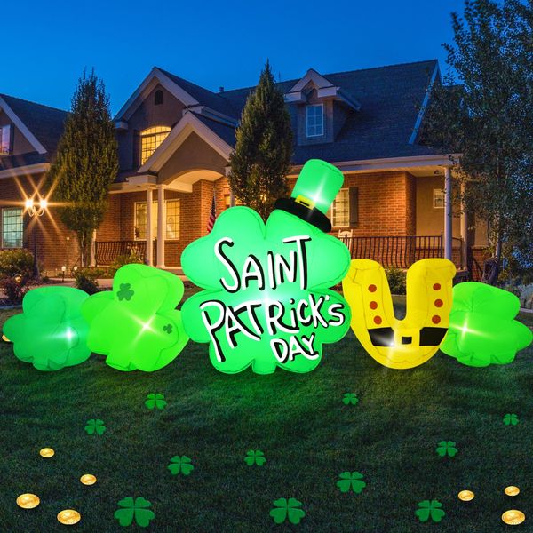 TwoBees 9FT St Patricks Day Inflatables Outdoor Decorations Giant Lucky Shamrock with Hat, Bright LED Lights Clover Blow Up Decor for Yard Irish Lawn Spring Garden Party Home Holiday
