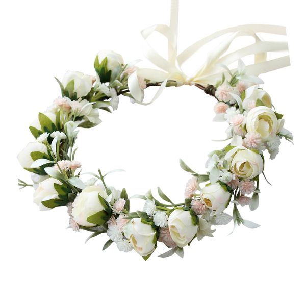 Vivivalue Girl Flower Crown Rose Flower Headband Hair Wreath Floral Headpiece Halo Boho with Ribbon Wedding Party Festival Photos