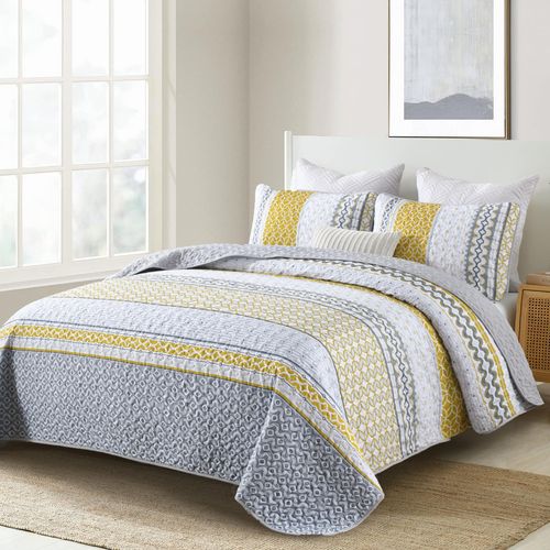 DJY Yellow Quilt Set Queen Size, Boho Yellow Grey Striped Bedspread Coverlet Set Soft Microfiber Patchwork Quilt Bedding Set 3 Pieces for All Season