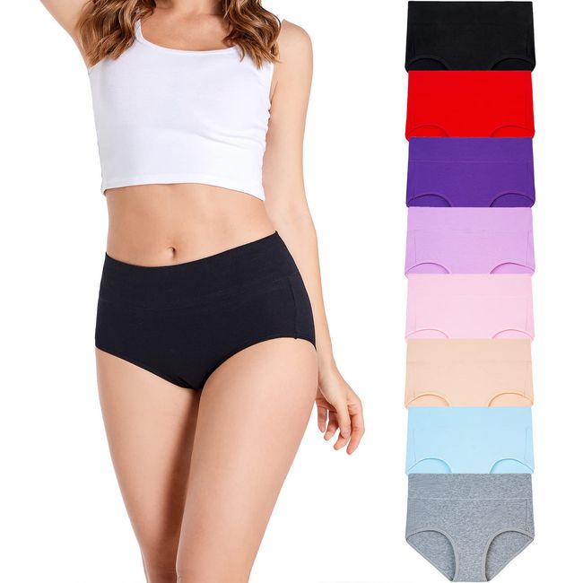 HAVVIS Unterhosen Damen Stretch Baumwolle Hohe Taille Slips Weich Atmungsaktiv Bequeme Unterwäsche Mehrpack (C01-8er Pack - Mehrfarbig, L)