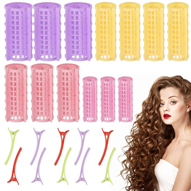 KBNIAN 44 Stück Lockenwickler Kunststoff Haarrollen Lockenwickler 4 Größen Lockenwickler Rollen Selbsthaltende Mesh Haarrollen mit 10 Entenschnabel Clips für Friseur Salon(1.5cm/2cm/2.5cm/3cm)