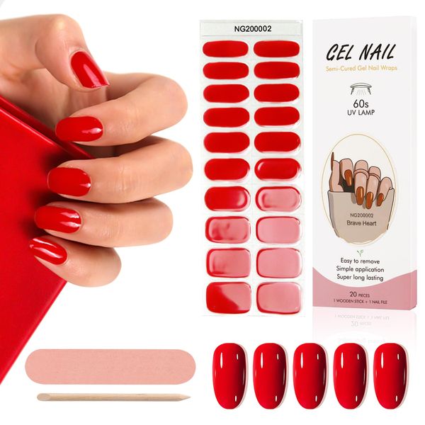 Kalolary 20PCS Semi Cured Gel Nail Polish Strips, Red Adhesive Full Wrap Gel Nail Art Sticker, Waterproof Gel Nail Wrap Stickers with Nail File and Stick（UV/LED Lamp Required）