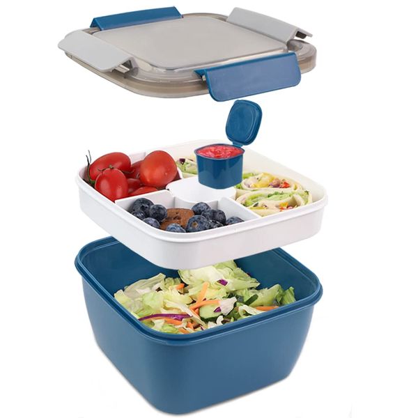 Bugucat Bento Box 1500ML, Lunchbox Salad Lunch Container to Go with 3 Compartment Tray, Salad Bowl with Dressing Container, Meal Prep to Go Containers for Food Fruit Snack, Built-in Reusable Spoon