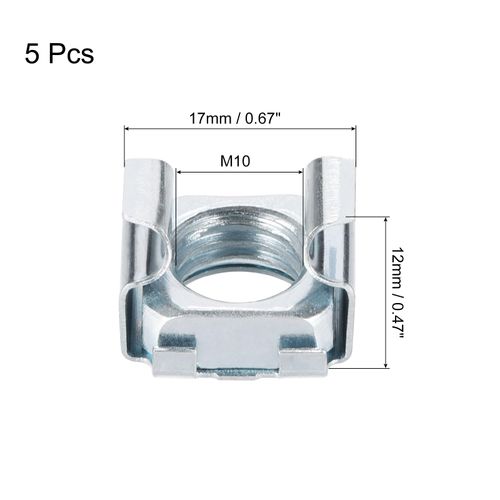 uxcell M10 x 1.5mm Cage Nut, 5Pcs Snap-in Cage Nuts, Carbon Steel Zinc Plated Metric Nut for Server Rack Cabinet, Silver