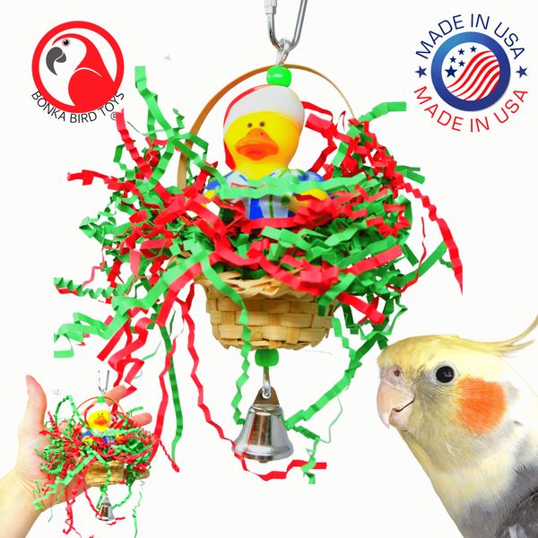 Bonka Bird Toys 3579 Christmas Twinkle Duck Hat Basket Chew Forage Cage Toy Pet