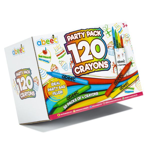 abeec Party Pack of 120 Crayons – 30 Packs of 4 Crayons Containing Colours Red, Blue Green and Yellow - Assorted Wax Crayons for Kids – Art and Crafts Supplies for Kids