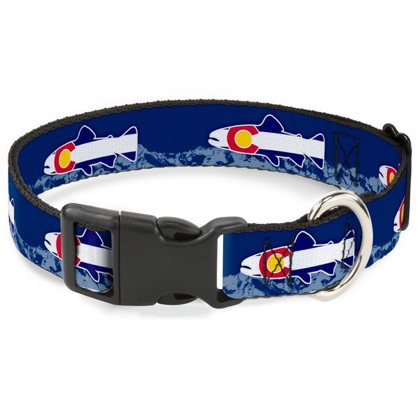 Buckle-Down Colorado Trout Flag Blue/White/Red/Yellow Plastic Clip Collar, 1.5" Wide-Fits 13-18" Neck-Small