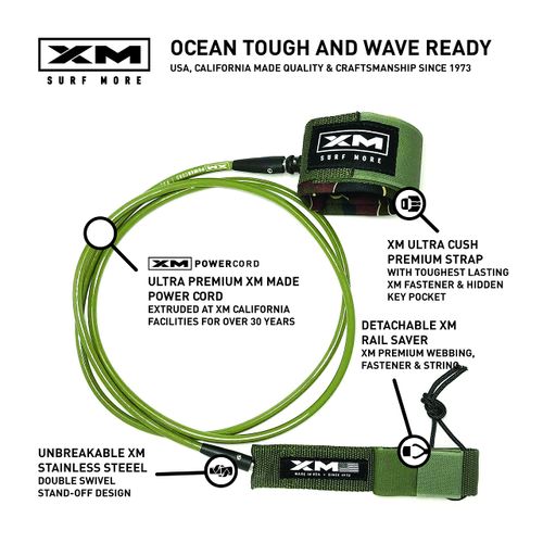 XM SURF MORE Premium Surfboard Leash, 9ft, Made in USA, Regular Cord Thickness (.270in), Key Pocket, Unbreakable Swivels, Detachable Railsaver, Blue Leash, Black Strap, Kink-Free [3 Year Warranty]