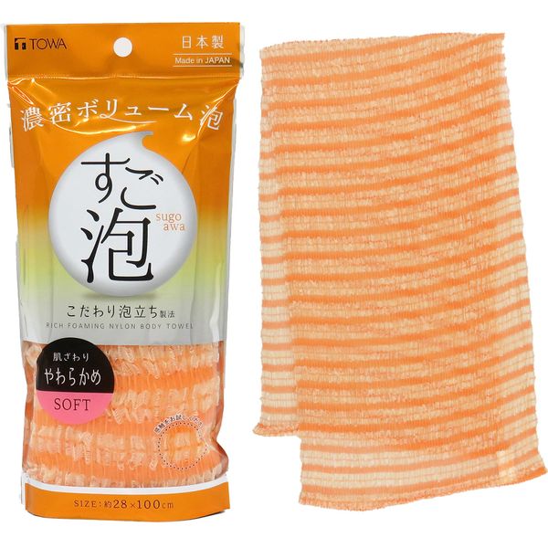 Towa Sangyo Body Towel, Sugo Foam, 4 Nylon Towel, Soft, Orange, Approx. 11.0 x 39.4 inches (28 x 100 cm)