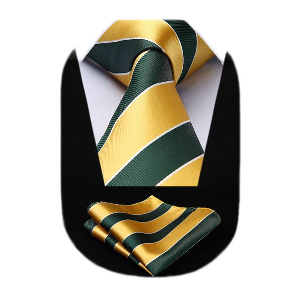 HISDERN Mens Tie Yellow Green Stripe Tie and Pocket Square Set Formal Gold Striped Silk Necktie Handkerchief for Work Wedding Neckties Classic 3.4''