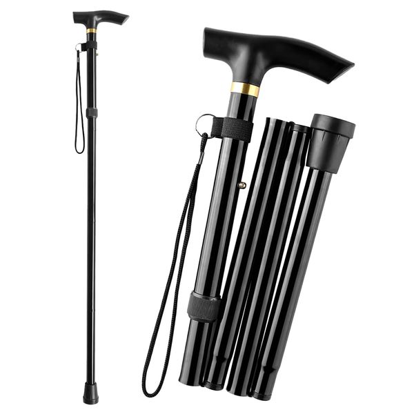 Walking Stick Collapsible Walking Sticks for Women Men Adjustable from 83 to 93 cm,Folding Walking Sticks for Ladies with Wrist Strap Foldable Disabled Walking Cane Black