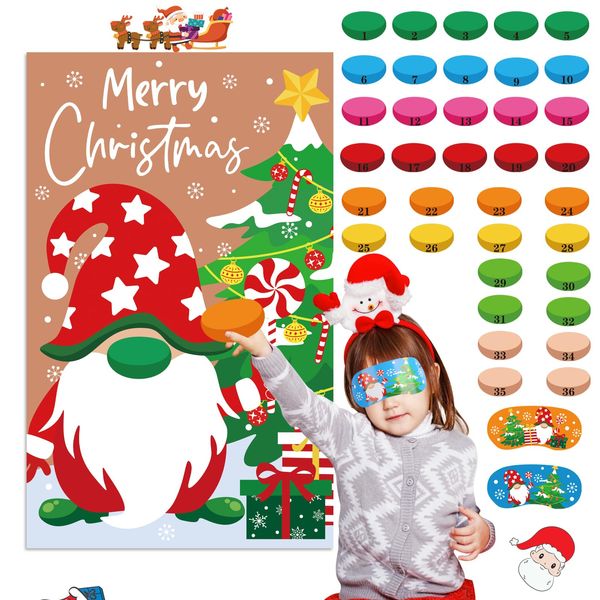 CCINEE Pin The Nose on The Gnome Christmas Party Games Holiday Reusable Game Poster with 36 Noses and 2 Blindfold and Stickers for Kids and Adults Birthday School Classroom Activities