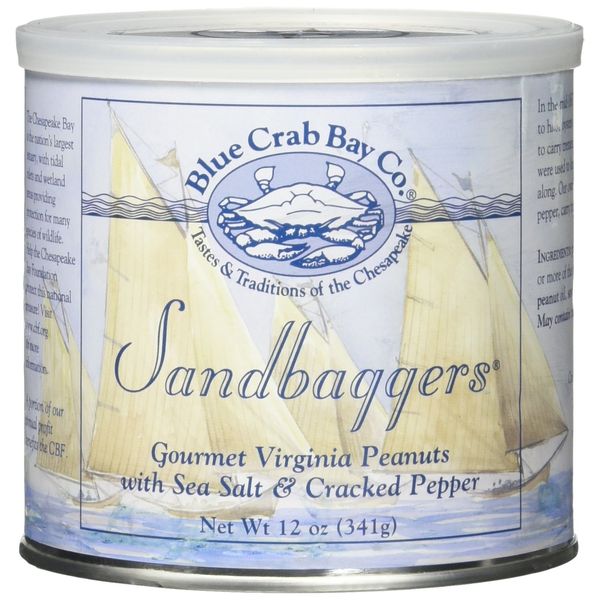 Blue Crab Bay "Sandbaggers" - Gourmet Virginia Peanuts with Sea Salt & Cracked Pepper, 12 Oz. Tin (Pack of 2)