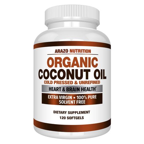 Arazo Nutrition Organic Coconut Oil 2000mg - 100% Extra Virgin Cold Pressed for Weight Support, Skin, Hair, Nails - 120 Softgel Capsules