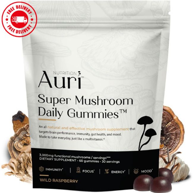 Super Mushroom Gummies, Blend with Chaga, Lions Mane, Reishi, Cordyceps-60 Gummy