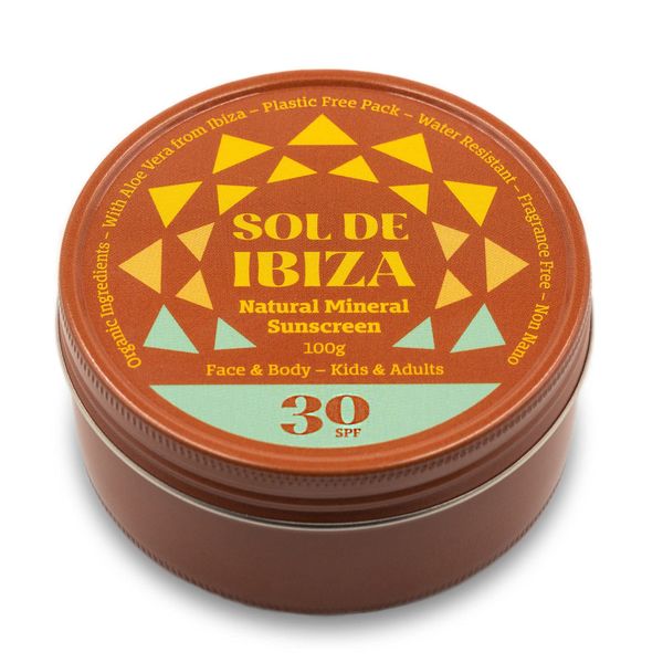 Sol de Ibiza Plastic Free - Face & Body Natural Mineral Sunscreen SPF30 - Waterless Solid Sunscreen - Natural ingredients - Non Nano zinc oxide - Vegan - Adults & Kids - 100g