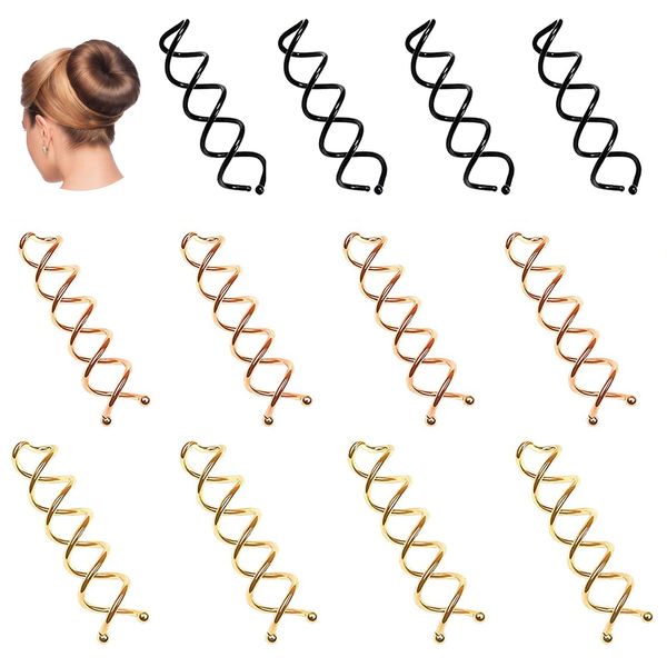 Twist Hair Pin, Hair Pins for Buns 12 Packs Bun Pins Spiral Hair Grips for Girls Child Women DIY Bun Hair Maker with Round Tips (Black, Gold, Rose Gold)