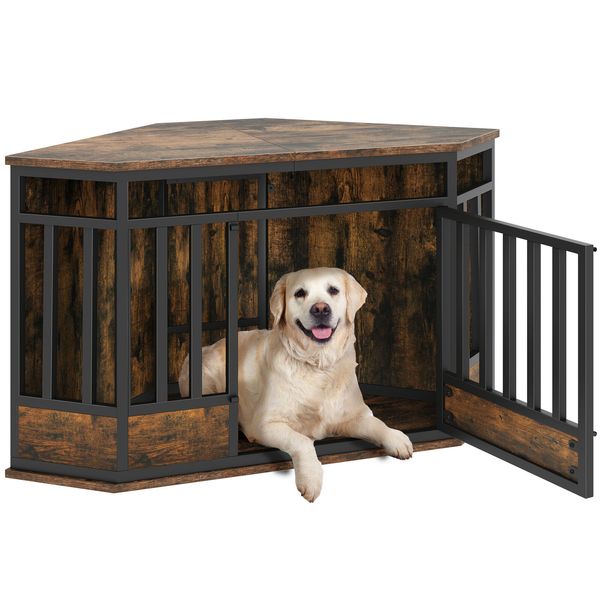 52'' Corner Dog Crate Wood Pet Dog Kennel Furniture Dog Cage End Table TV Stand