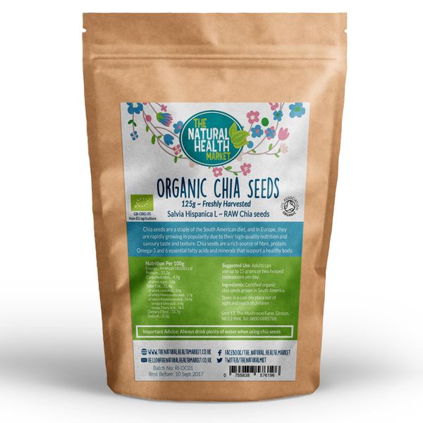 Organic Chia Seeds by The Natural Health Market • Soil Association Certified Organic • Mixed Black Chia and White Chia • Rich Protein Source (125g)