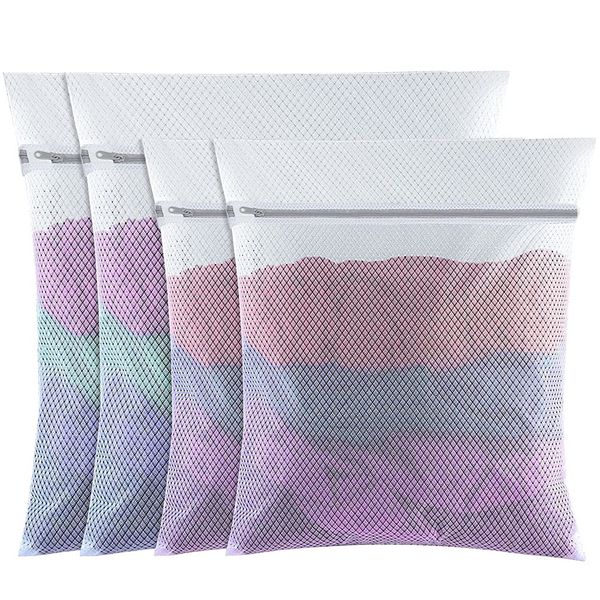 4 Pack Laundry Bags, 24x20inches/20x16inches Wash Bags Laundry with Zips Reusable Sock Bag for Washing Machine Suitable for Clothes,Tights Bra, Underwear, Bath Towel, Socks (2 Sizes, White)