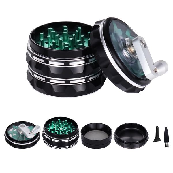 TIRIRS 2.5" 4 Pieces Hand Cranked Clear Top Herb Grinder - Aluminium Spice Grinder with Pollen Scraper and Cleaning Brush, Foldable Handle - Black and Green.