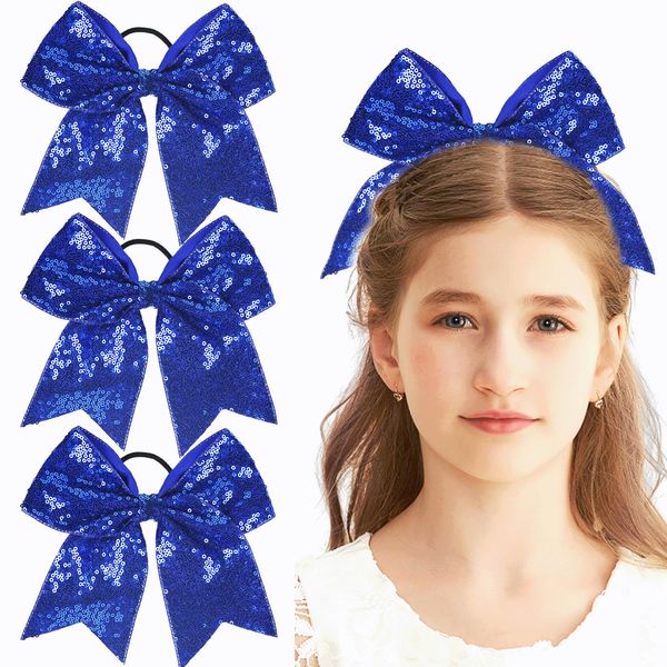 SHEHARUHI 3 PCS Large Cheer Bows Sequin Cheer Hair Bows Girls Hair Ties Ponytail Holders Cheerleading Bows for Dance Practice Sports Games Competition Birthday (Blue)