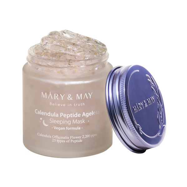 Mary&May Vegan Calendula Peptide Ageless Sleeping Mask 110g, Deep Hydration, Calendula Petals, 25 Types Peptide, Hyaluronic, Gel Type, Korean Facial Mask, Marynmay