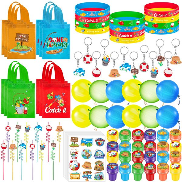 Seenelling 228 Pcs Fishing Themed Party Favors Includes 12 Fishing Birthday Gift Bag 12 Drinking Straw 12 Keychain 24 Stamp 144 Sticker 12 Silicone Bracelet 12 Punch Balloon Fish Goodie Bag Fillers