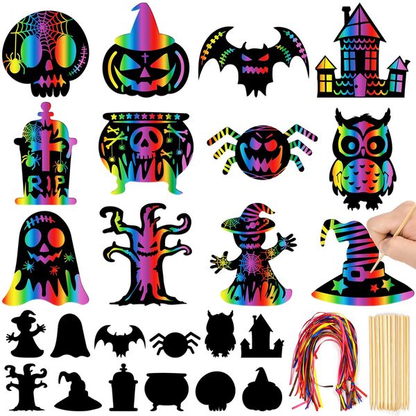 Leesgel Halloween Scratch Art Paper for Kids, 60Pcs Magic DIY Crafts Kit Halloween Party Decorations Supplies, Pumpkin Skull Bat Scratch Crafts Birthdays Party Favor Educational Toys