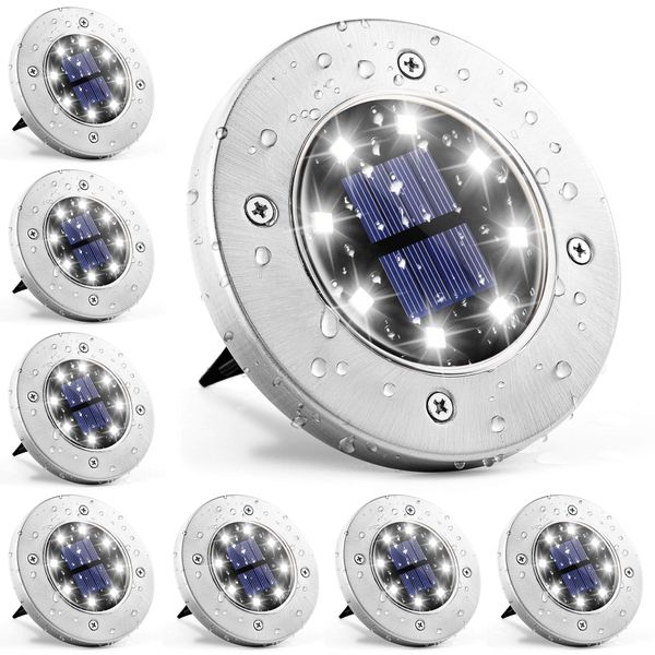 GIGALUMI 8 Pack Solar Ground Lights, 8 LED Solar Powered Disk Lights Outdoor Waterproof Garden Landscape Lighting for Yard Deck Lawn Patio Pathway Walkway (White)