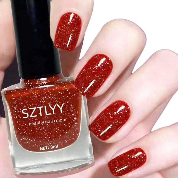 Glitter Red Nail Polish, Quick Dry Bright Red Christmas Nail Varnish, Sparkly Shimmer Burgundy Long Lasting, Holographic Autumn Nail Glitter Nail Art Manicure DIY Home Nail Salon for Women