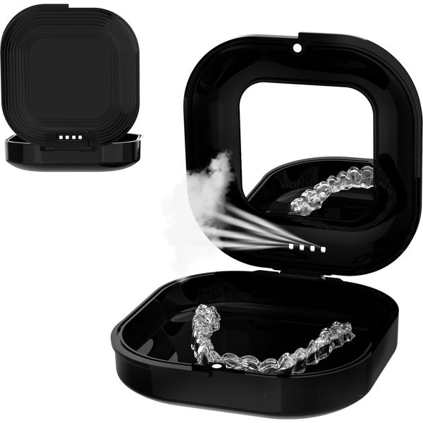 xuanli Slim Retainer Case with Mirror, Mouthpiece Invisaline Compatible, Stylish Denture and Partial Denture Case, Portable Cleaning (Black, Simple Case)