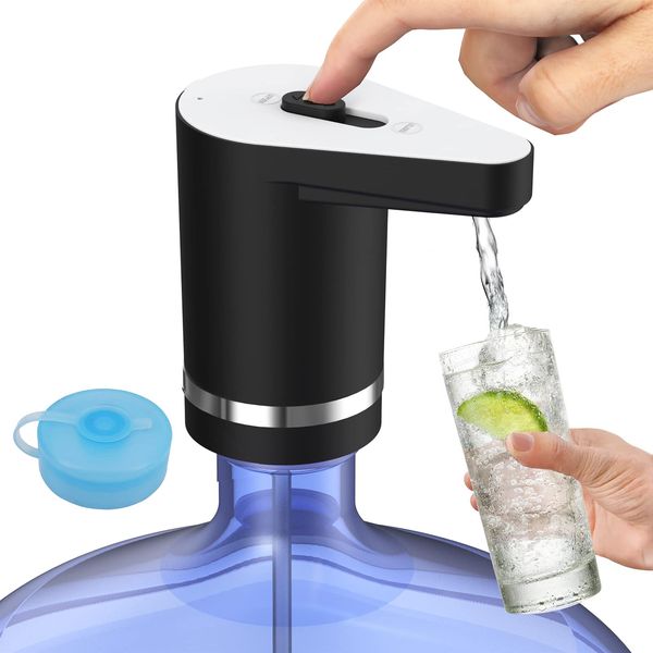 Water Dispenser Bottle for 5 Gallon, Automatic Drinking Water Pump, Manual Straight Plug Button, USB Charging with jug Cap, Panda-Black